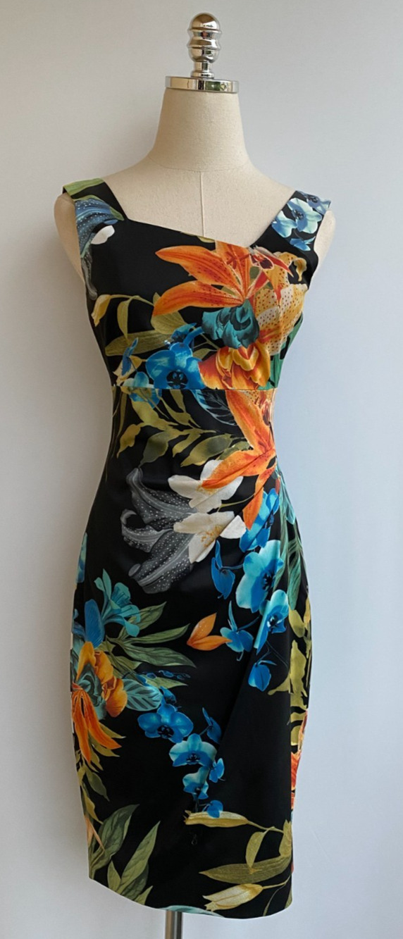 Karen Millen Bright Floral Lily Knee Length Asymmetric Dress US 6